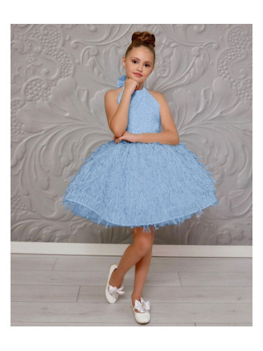 Официална детска рокля без ръкав в светлосиньо с пера и пайети Сиена