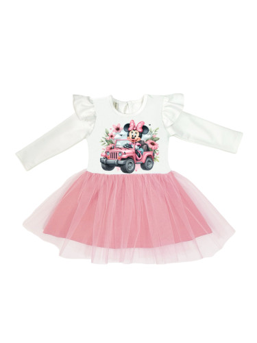 Детска рокля с дълъг ръкав в екрю с картинка на Мини Маус и тюл в розо