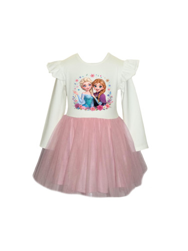 Детска рокля с дълъг ръкав в екрю с картинка на Елза и Анна от Замръзн