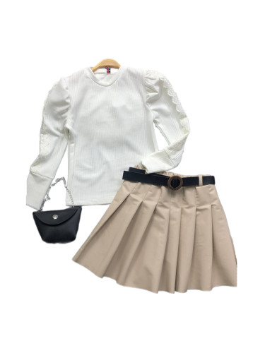 Комплект за момиче от блуза в екрю с дантела, плисирана кожена пола в 