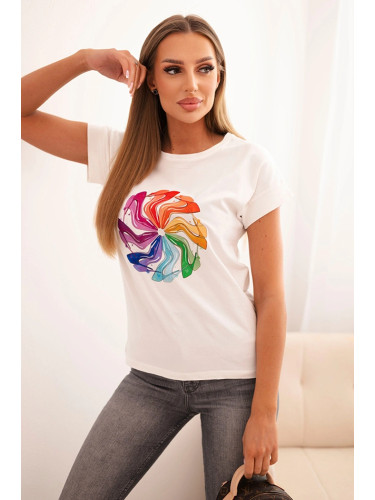 Kesi Women's cotton short-sleeve blouse with a colorful print ecru