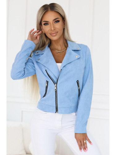 481-3 Suede biker jacket with long sleeves and zippers - light blue