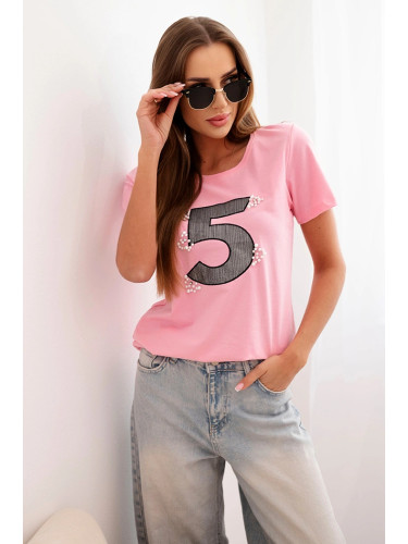 Kesi Women's cotton short-sleeve blouse with a patch and pearls light pink