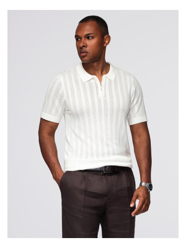 Ombre Men's openwork polo shirt with zipper at neckline - white