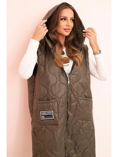 Kesi Włoski Plus Size women's quilted vest with a hood fastened with a zipper khaki