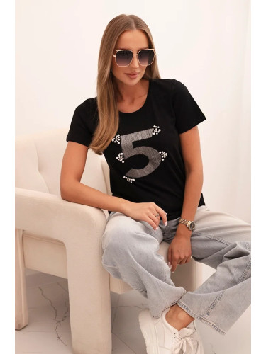 Kesi Women's cotton blouse with short sleeves and a patch with pearls black