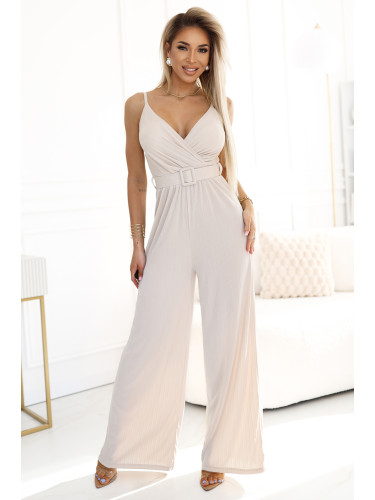 593-1 Elegant wrap jumpsuit with wide legs and belt – beige