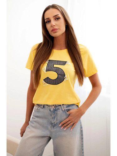 Kesi Women's cotton blouse with short sleeves and a patch with pearls yellow