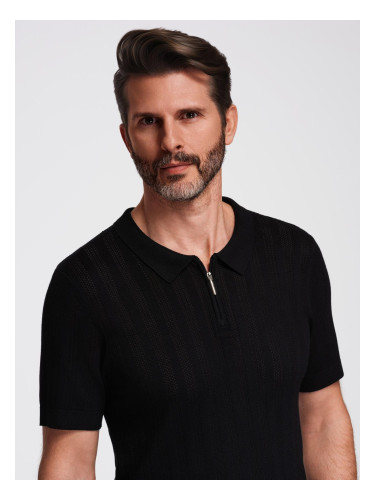 Ombre Men's openwork polo shirt with zipper at neckline - black