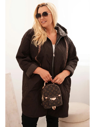 Kesi Włoski Plus Size women's quilted jacket with a hood and the inscription HOPE brown
