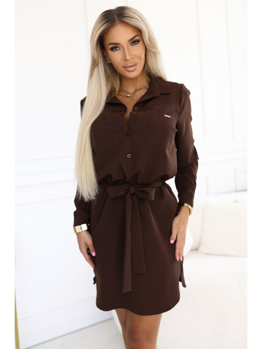 284-5 CAMILLE Shirt dress with pockets and ties - chocolate