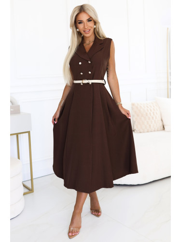 596-4 Elegant midi shirt dress with gold buttons and belt - chocolate