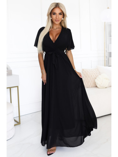 545-5 Long dress with pleated neckline and tie - black