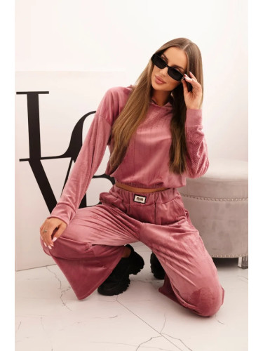 Kesi Włoski Women's velour tracksuit with wide legs and hoodie dark pink