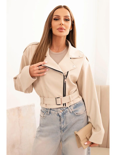 Kesi Włoski Short women's jacket made of eco-leather with a belt and collar beige