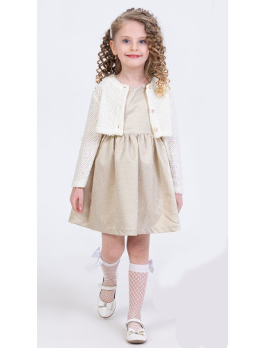 Детска официална рокля в златисто бежово без ръкав с релефно болеро в 