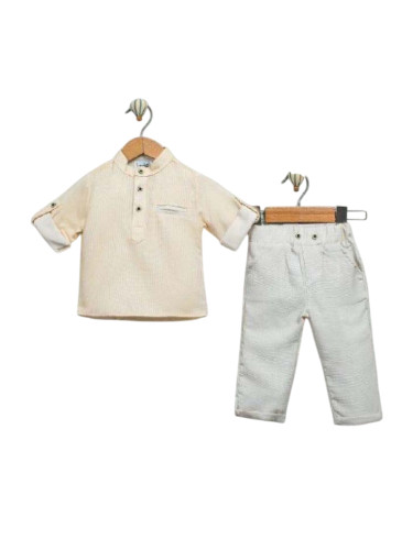 Комплект за момче от риза с дълъг ръкав в жълто и панталон в бежово