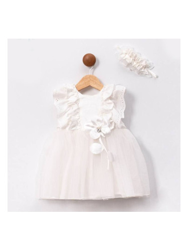 Бебешка официална рокля в екрю с тюл, къдрички и цвете и лента за глав