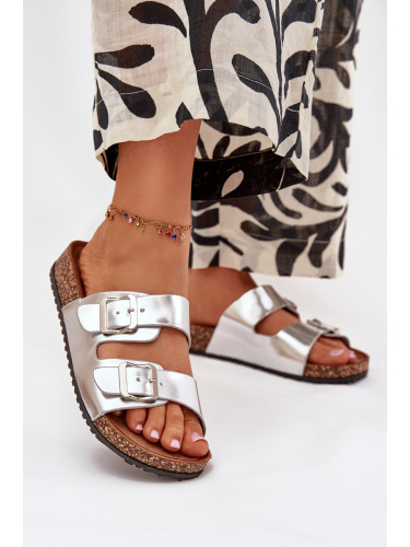 EVENTO Дамски Сандали На Коркова Платформа С Клапи Сребристи Vesina