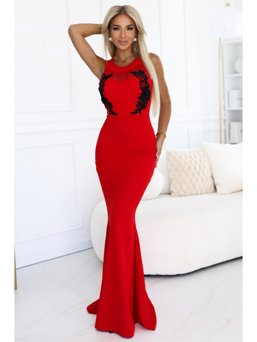 617-3 Long mermaid dress with black lace and mesh - red