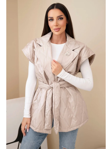 Kesi Włoski Women's quilted vest with a belt and wide collar dark beige