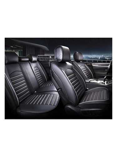 Пълен Kомплект Универсална Кожена Тапицерия, Калъфи За Предни и Задна Седалки, Еко Кожа, Черна с Бял Кант и Шевове