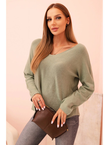 Kesi Włoski Women's sweater with viscose and V-neck light khaki