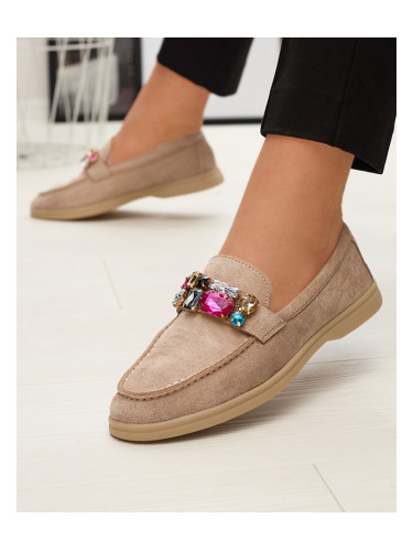 Resti Eco suede light brown women's moccasins with decorative crystals Nellens- Footwear