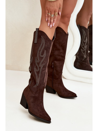 Boto Дамски Ковбойски Боти С Декорация На Ток Чоколадови Jovina