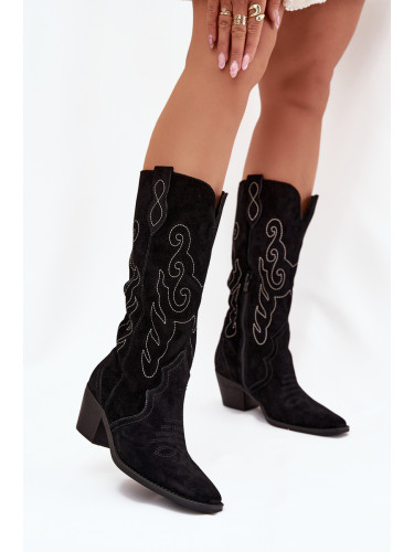 Zazoo Кожени Ковбойски Чизми За Жени С Ток Черни Карира