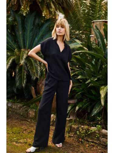 Marisse Black Cotton Wide-Leg Trousers