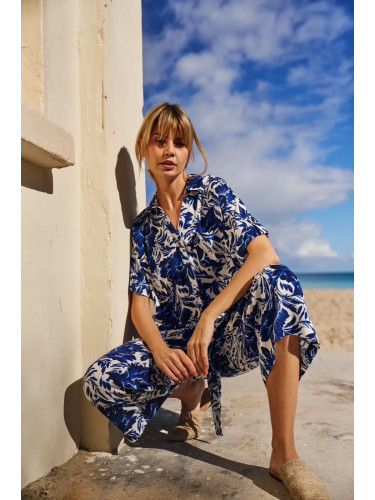 Marisse Blue Shirt With A Plant Motif
