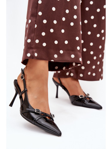 Boto Лакирани Чепици С Открит Ток И Ленти Черни Ravira