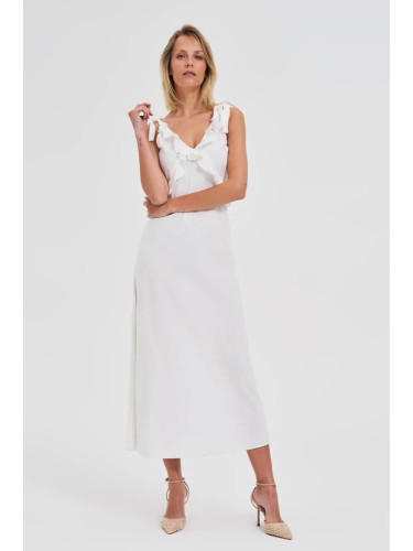 Marisse White Midi Dress With Ruffles On The Neckline