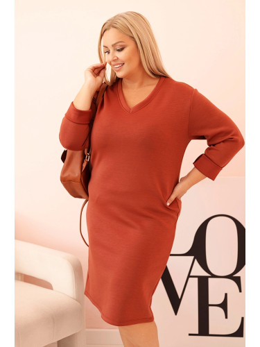 Kesi Włoski Plus Size women's dress with a V-neck and sleeves in butter color, red