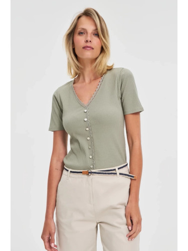Marisse Olive Blouse With Lace Neckline
