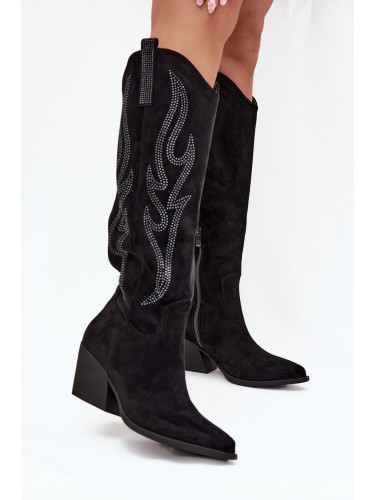 Boto Дамски Ковбойски Боти С Декорация На Ток Черни Jovina