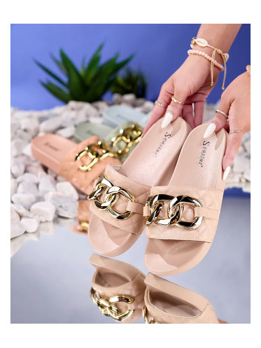 Resti Royalfashion Beige women's quilted flip-flops with gold chain Eteris