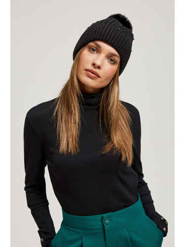 Marisse Black Beaded Pompom Hat