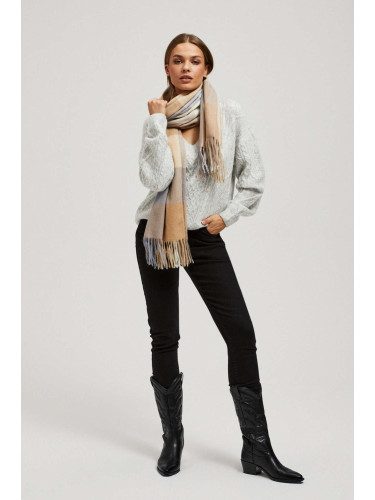 Marisse Dark Beige Checkered Scarf With Fringes