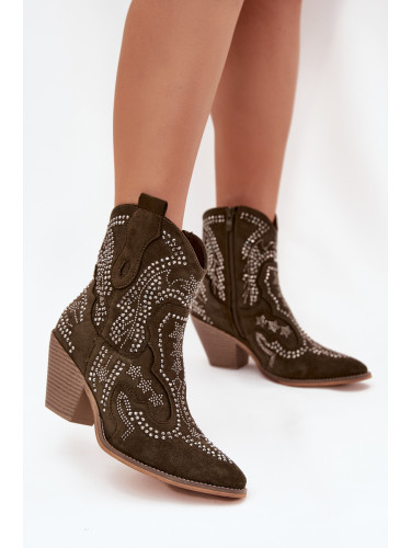 Boto Топли Дамски Ботуши Ковбойки С Декорация Тъмнозелени Lelira