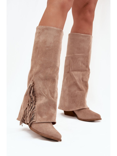 Boto Дамски Ботуши Ковбойски На Ток С Пискюли Бежови Залия