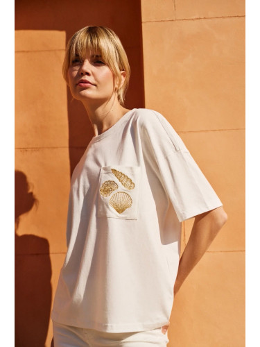 Marisse White T-Shirt With A Hat On The Pocket