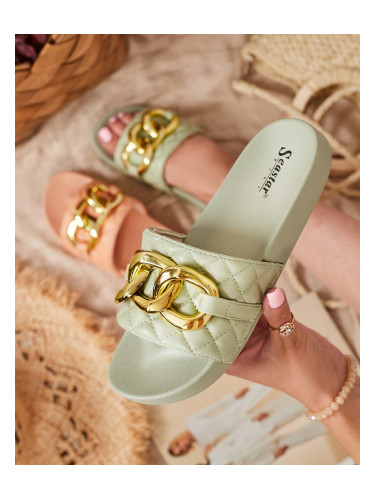 Resti Women's green quilted slippers with a gold chain Eteris - Footwear