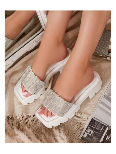 Resti White women's slippers with cubic zirconia Emkoy - Footwear