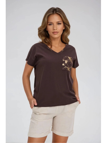 Marisse Brown Cotton T-Shirt With Decorative Pocket