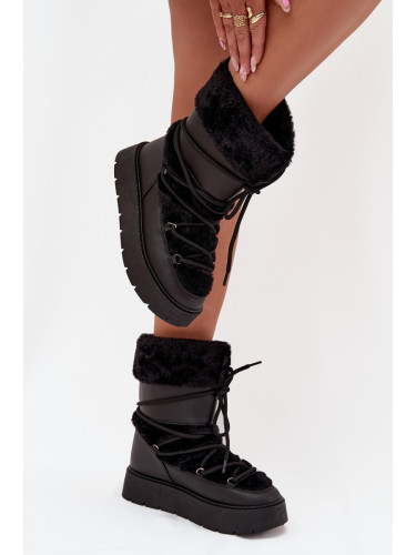 Boto Дамски Снежни Обувки С Козина И Връзка На Платформа Черни Marinna