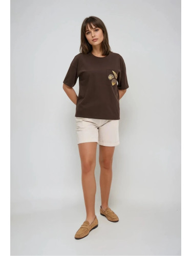 Marisse Brown T-Shirt With A Hat On The Pocket