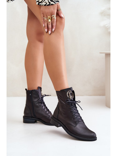 Кожени работнически ботуши Zazoo 2955 със златни детайли на езика Черни