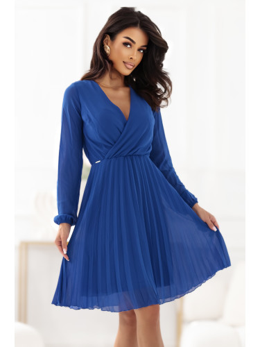 313-18 ISABELLE Elegancka plisowana sukienka z dekoltem i długim rękawkiem - chabrowa